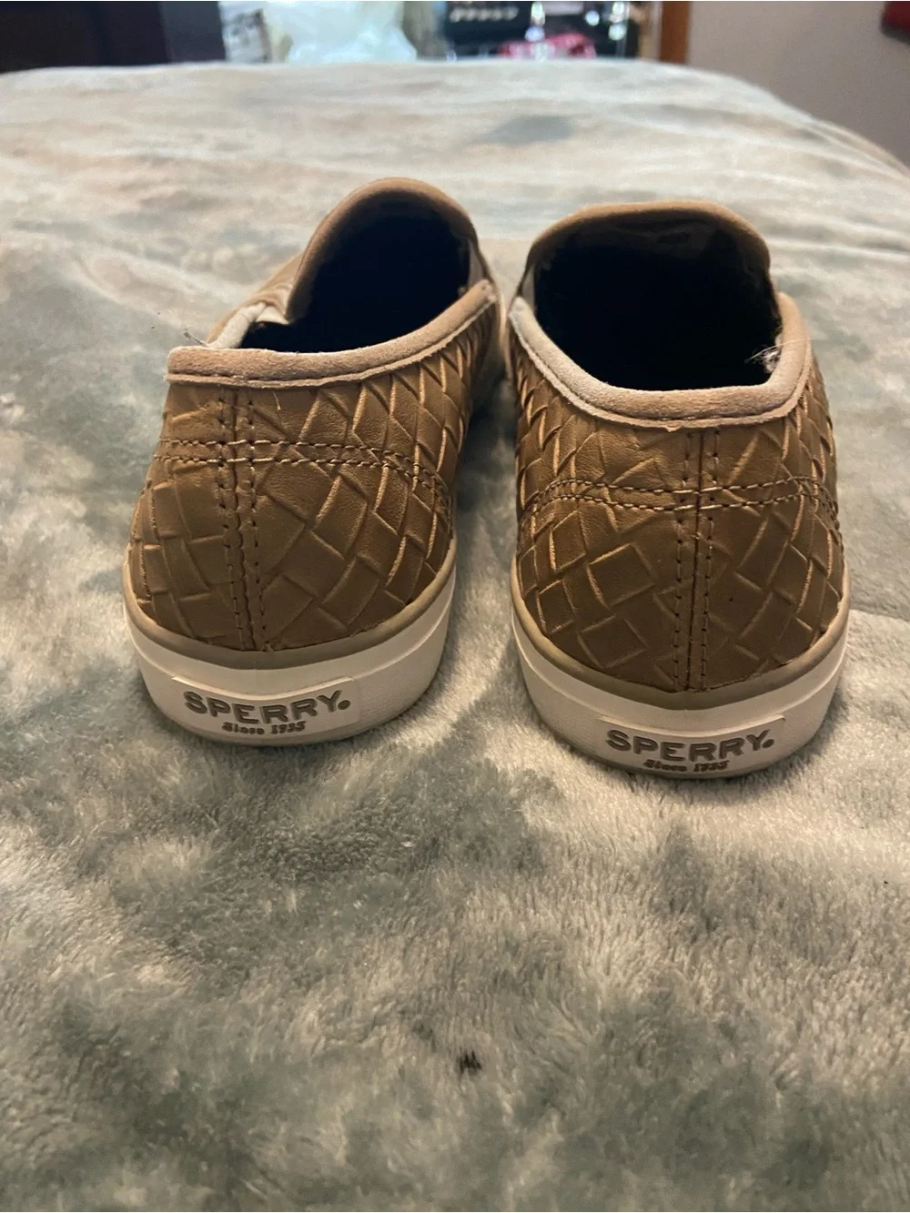 Sperry Women's Woven Slip-On Flats in Tan with White Sole